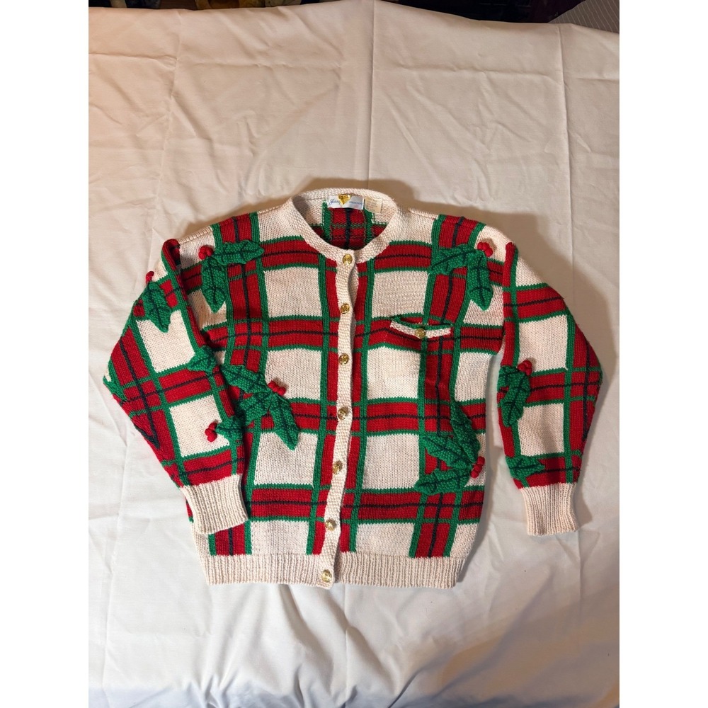 Jennifers Collections Vintage Plaid Holly Cardigan Sweater Red Green One Size